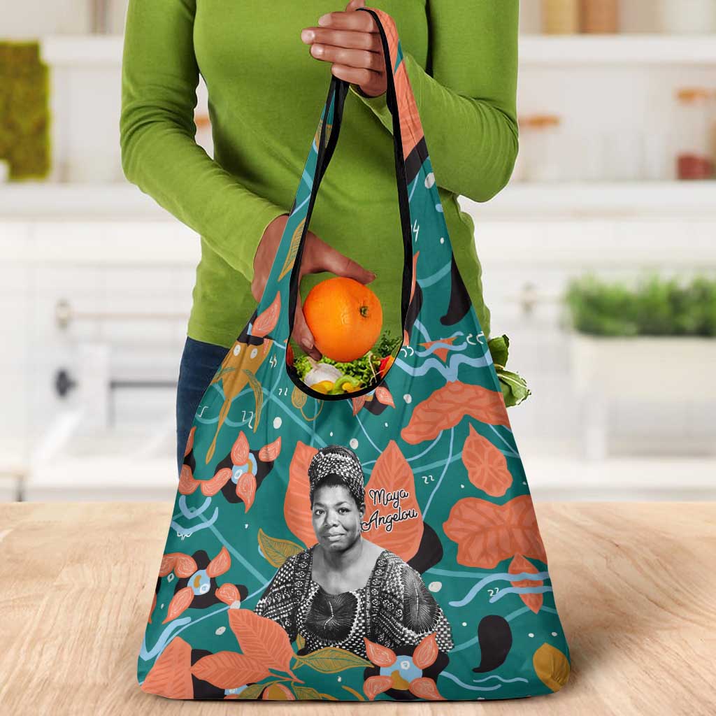 Maya Angelou Grocery Bag Inspirational Quote Design Vibrant Teal and Orange Leaf Motif - African Pride