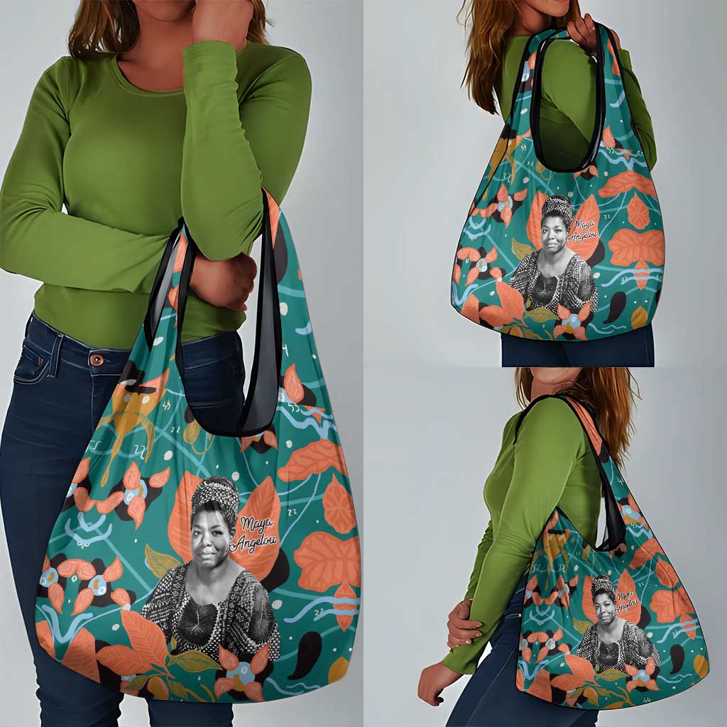 Maya Angelou Grocery Bag Inspirational Quote Design Vibrant Teal and Orange Leaf Motif - African Pride