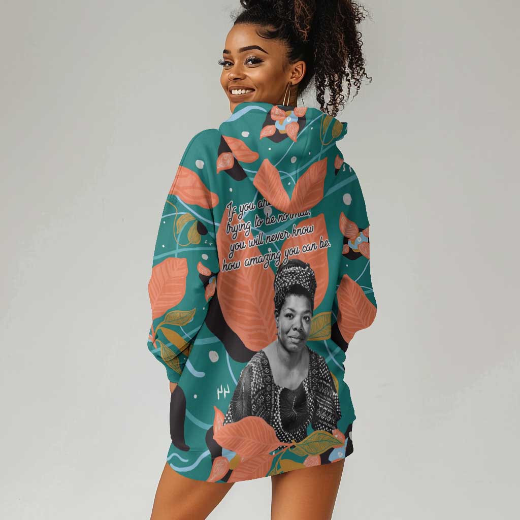 Maya Angelou Hoodie Dress Inspirational Quote Design Vibrant Teal and Orange Leaf Motif - African Pride