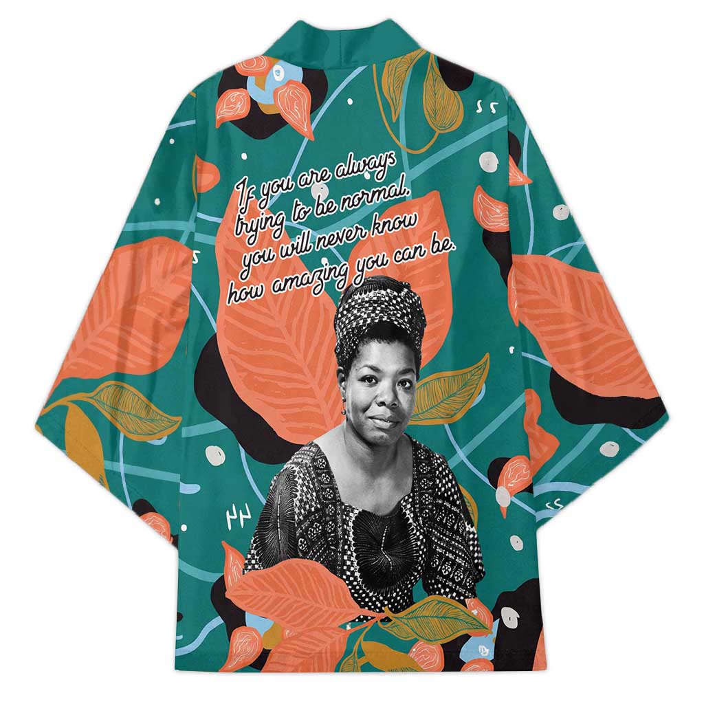 Maya Angelou Kimono Inspirational Quote Design Vibrant Teal and Orange Leaf Motif - African Pride