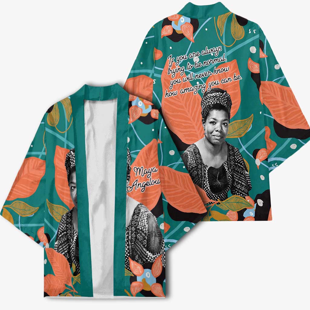 Maya Angelou Kimono Inspirational Quote Design Vibrant Teal and Orange Leaf Motif - African Pride