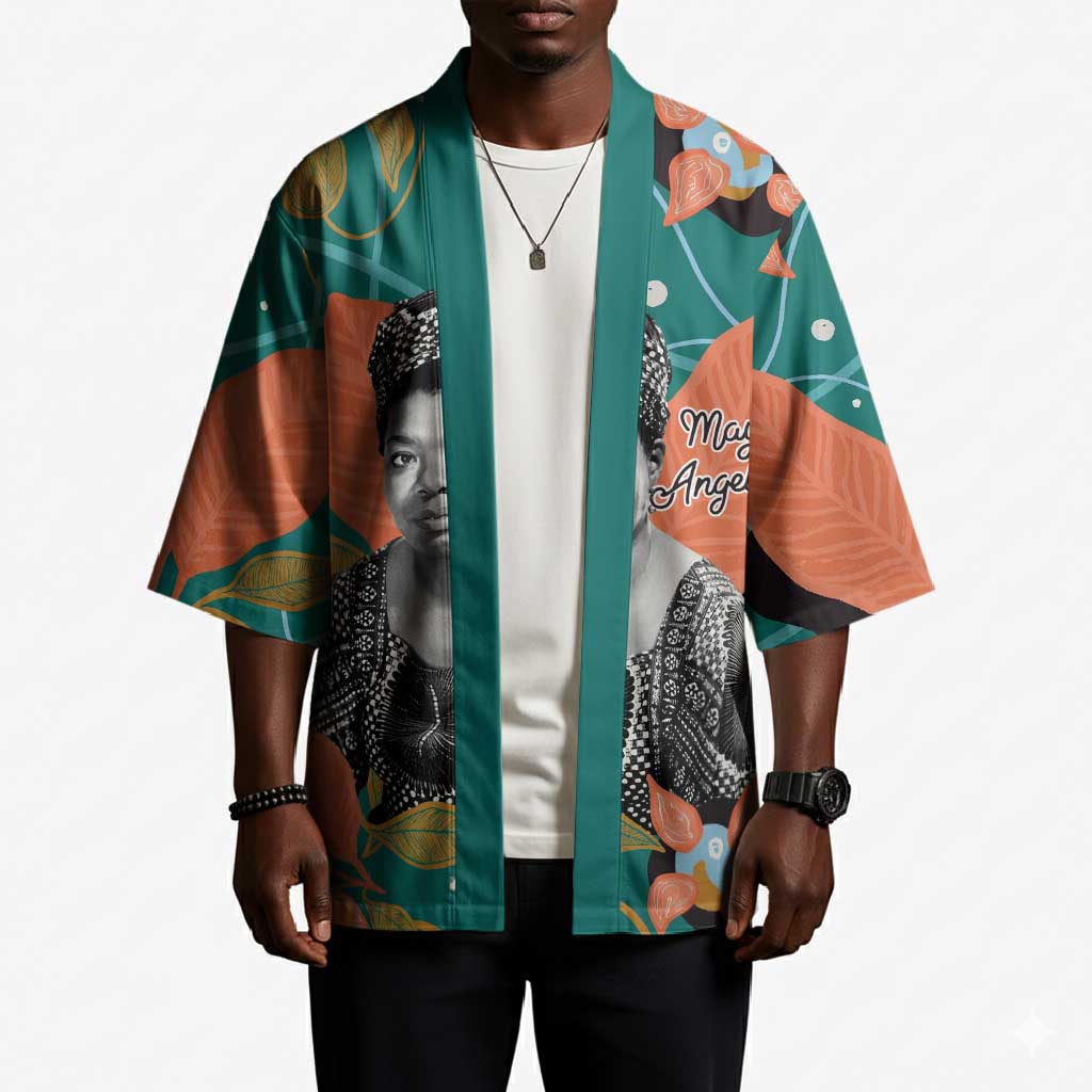 Maya Angelou Kimono Inspirational Quote Design Vibrant Teal and Orange Leaf Motif - African Pride