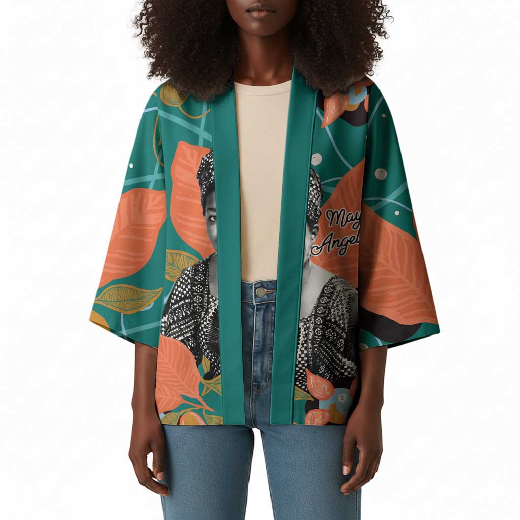 Maya Angelou Kimono Inspirational Quote Design Vibrant Teal and Orange Leaf Motif - African Pride