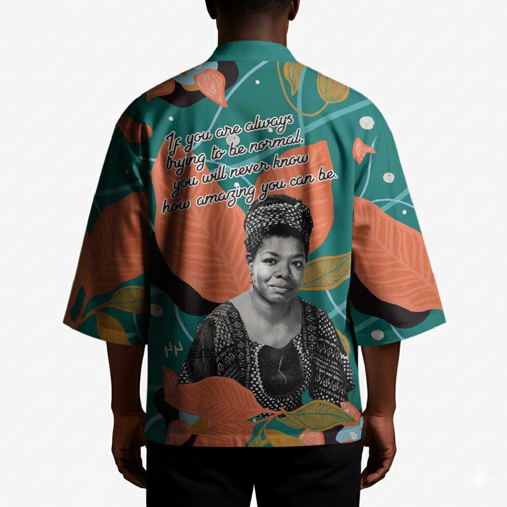 Maya Angelou Kimono Inspirational Quote Design Vibrant Teal and Orange Leaf Motif - African Pride