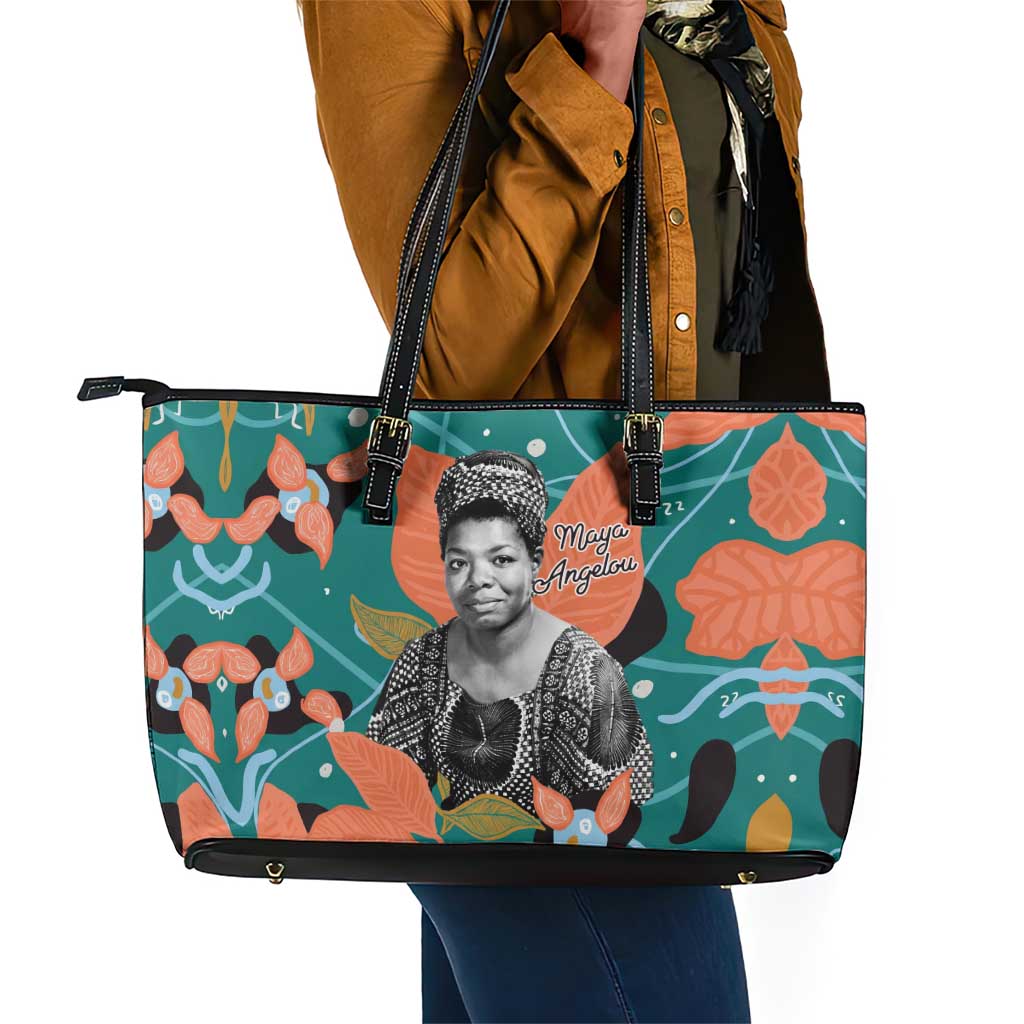 Maya Angelou Leather Tote Bag Inspirational Quote Design Vibrant Teal and Orange Leaf Motif - African Pride