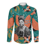 Maya Angelou Long Sleeve Button Shirt Inspirational Quote Design Vibrant Teal and Orange Leaf Motif - African Pride