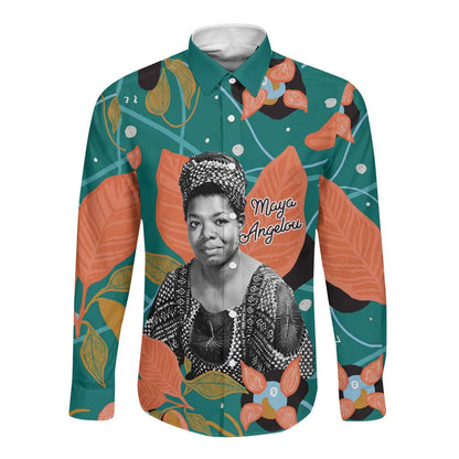 Maya Angelou Long Sleeve Button Shirt Inspirational Quote Design Vibrant Teal and Orange Leaf Motif - African Pride