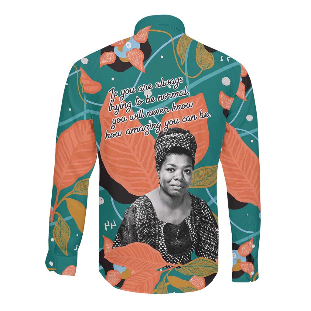 Maya Angelou Long Sleeve Button Shirt Inspirational Quote Design Vibrant Teal and Orange Leaf Motif - African Pride