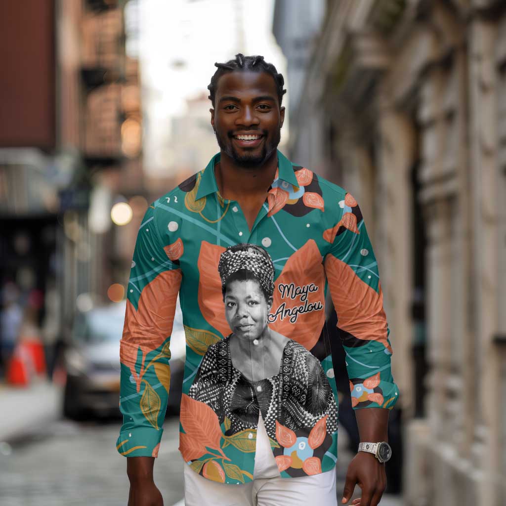 Maya Angelou Long Sleeve Button Shirt Inspirational Quote Design Vibrant Teal and Orange Leaf Motif - African Pride