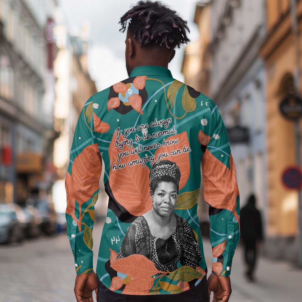 Maya Angelou Long Sleeve Button Shirt Inspirational Quote Design Vibrant Teal and Orange Leaf Motif - African Pride