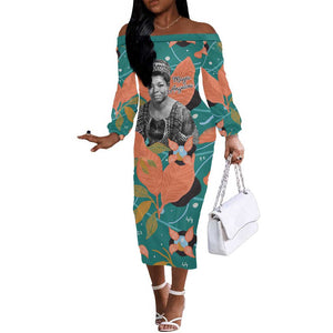 Maya Angelou Off The Shoulder Long Sleeve Dress Inspirational Quote Design Vibrant Teal and Orange Leaf Motif - African Pride
