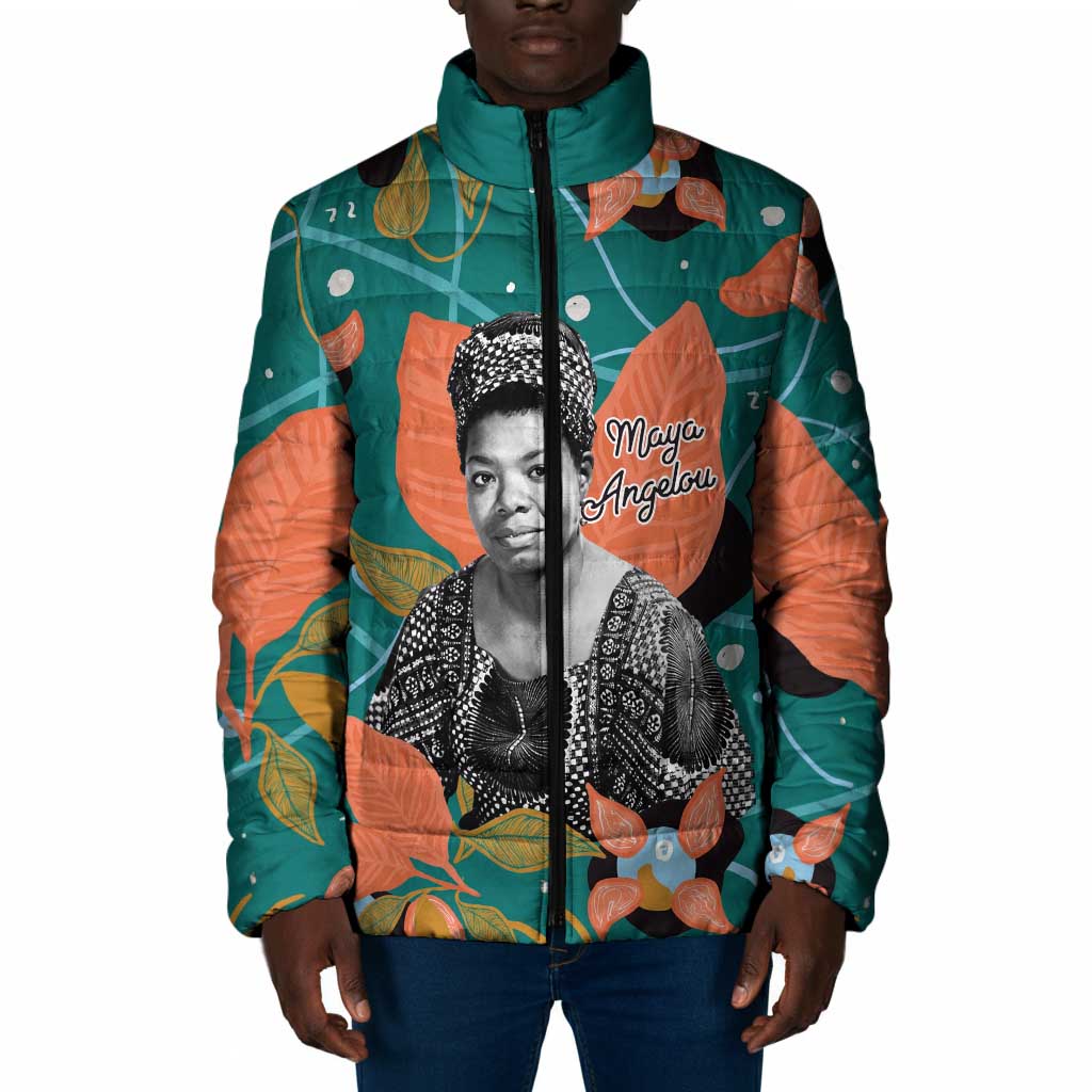 Maya Angelou Padded Jacket Inspirational Quote Design Vibrant Teal and Orange Leaf Motif - African Pride