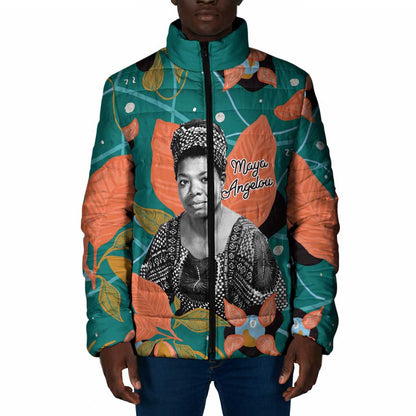 Maya Angelou Padded Jacket Inspirational Quote Design Vibrant Teal and Orange Leaf Motif - African Pride
