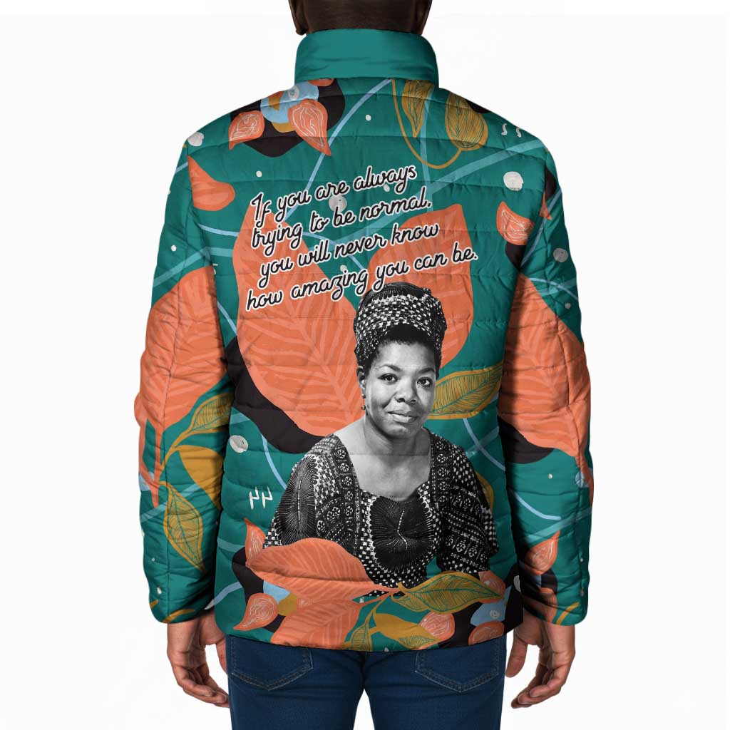 Maya Angelou Padded Jacket Inspirational Quote Design Vibrant Teal and Orange Leaf Motif - African Pride