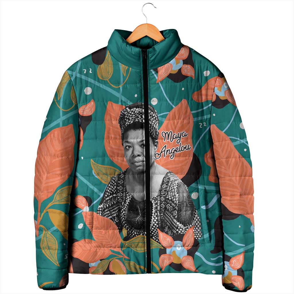 Maya Angelou Padded Jacket Inspirational Quote Design Vibrant Teal and Orange Leaf Motif - African Pride