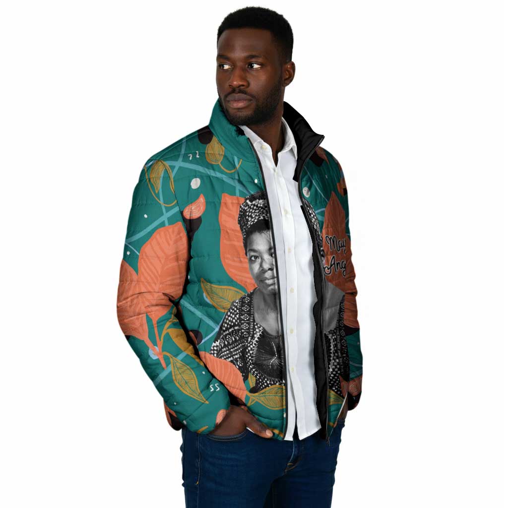 Maya Angelou Padded Jacket Inspirational Quote Design Vibrant Teal and Orange Leaf Motif - African Pride
