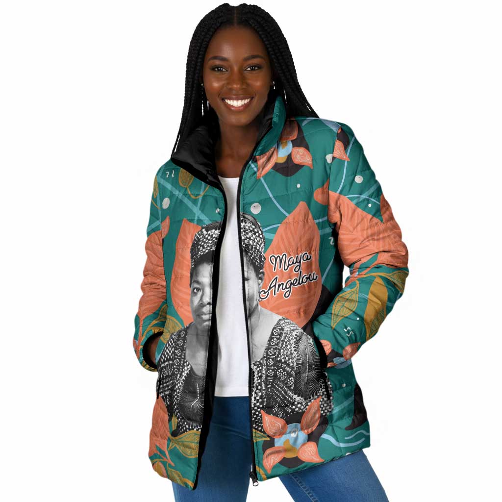 Maya Angelou Padded Jacket Inspirational Quote Design Vibrant Teal and Orange Leaf Motif - African Pride