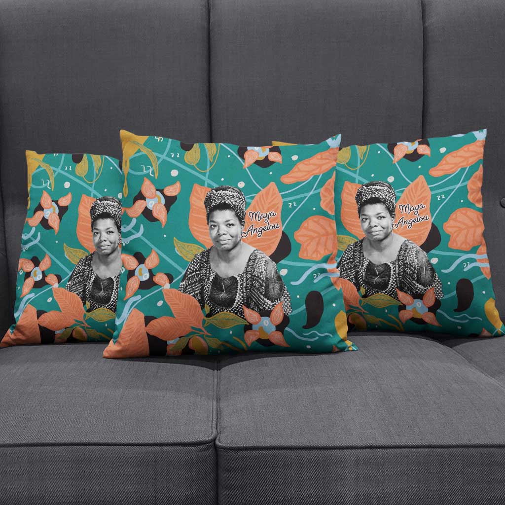 Maya Angelou Pillow Cover Inspirational Quote Design Vibrant Teal and Orange Leaf Motif - African Pride