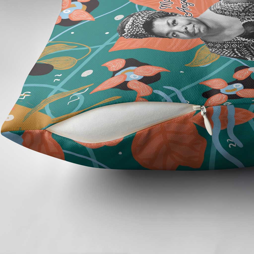 Maya Angelou Pillow Cover Inspirational Quote Design Vibrant Teal and Orange Leaf Motif - African Pride