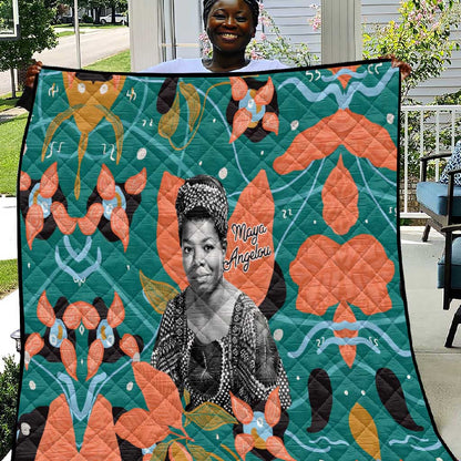 Maya Angelou Quilt Inspirational Quote Design Vibrant Teal and Orange Leaf Motif - African Pride