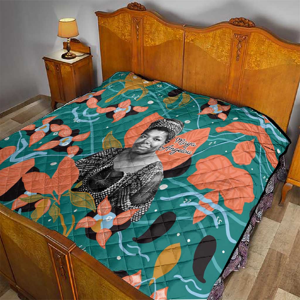 Maya Angelou Quilt Inspirational Quote Design Vibrant Teal and Orange Leaf Motif - African Pride