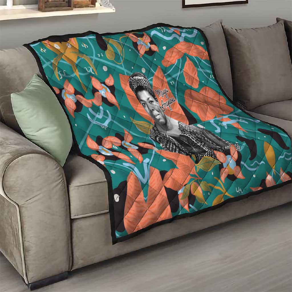 Maya Angelou Quilt Inspirational Quote Design Vibrant Teal and Orange Leaf Motif - African Pride