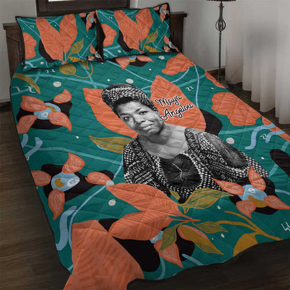 Maya Angelou Quilt Bed Set Inspirational Quote Design Vibrant Teal and Orange Leaf Motif - African Pride