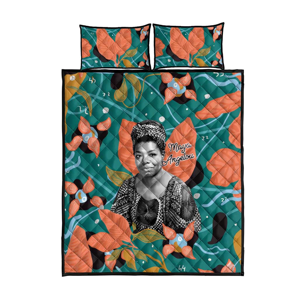 Maya Angelou Quilt Bed Set Inspirational Quote Design Vibrant Teal and Orange Leaf Motif - African Pride