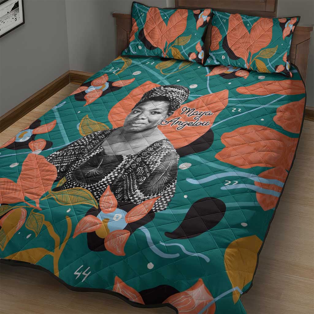 Maya Angelou Quilt Bed Set Inspirational Quote Design Vibrant Teal and Orange Leaf Motif - African Pride
