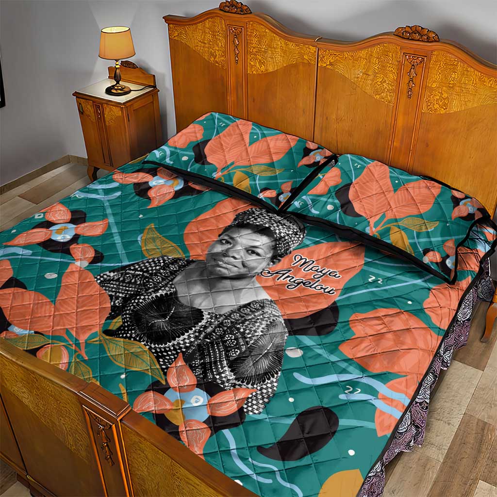 Maya Angelou Quilt Bed Set Inspirational Quote Design Vibrant Teal and Orange Leaf Motif - African Pride