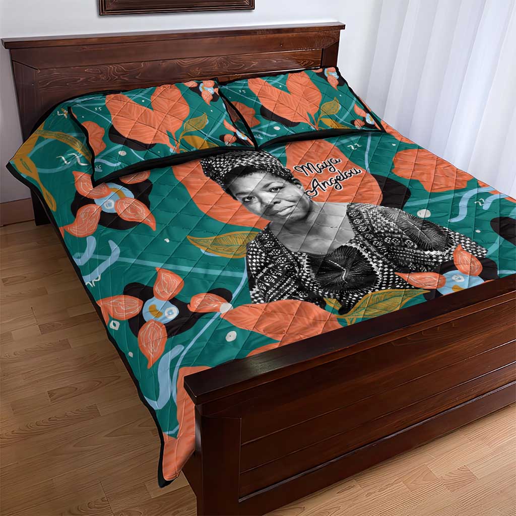Maya Angelou Quilt Bed Set Inspirational Quote Design Vibrant Teal and Orange Leaf Motif - African Pride