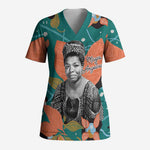 Maya Angelou Scrub Top Inspirational Quote Design Vibrant Teal and Orange Leaf Motif - African Pride