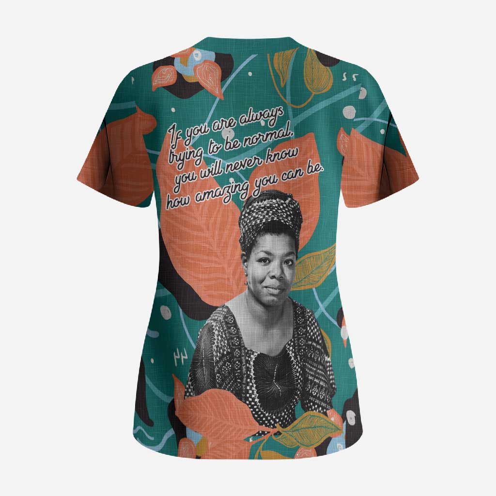 Maya Angelou Scrub Top Inspirational Quote Design Vibrant Teal and Orange Leaf Motif - African Pride