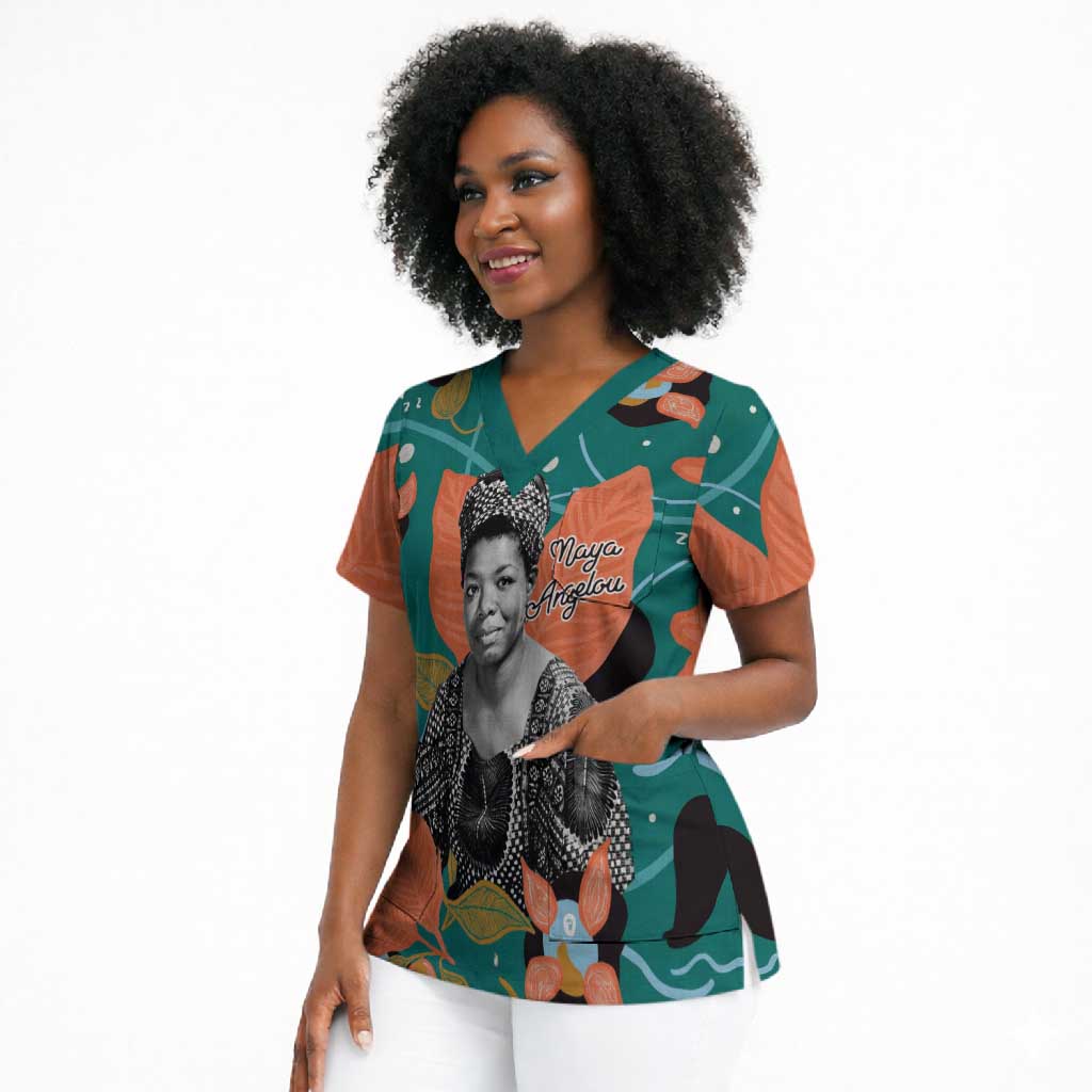 Maya Angelou Scrub Top Inspirational Quote Design Vibrant Teal and Orange Leaf Motif - African Pride