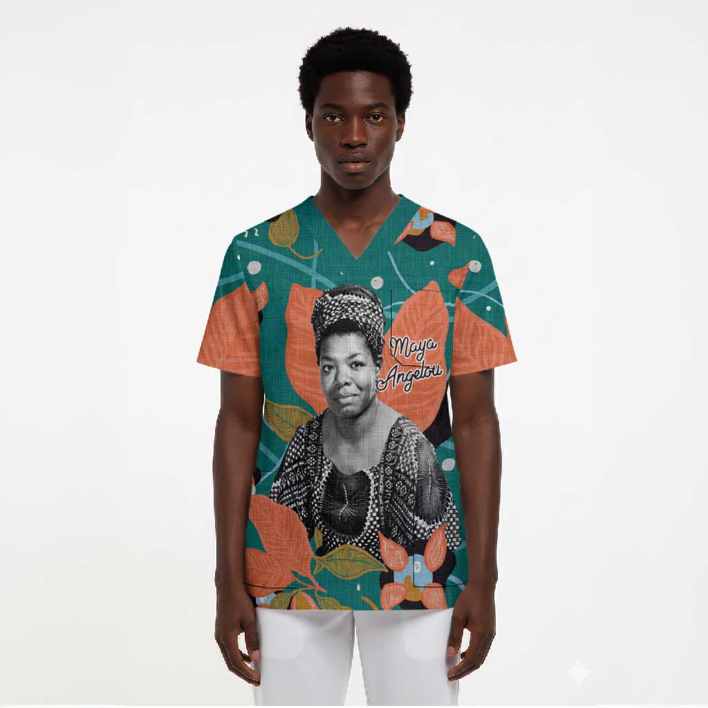 Maya Angelou Scrub Top Inspirational Quote Design Vibrant Teal and Orange Leaf Motif - African Pride