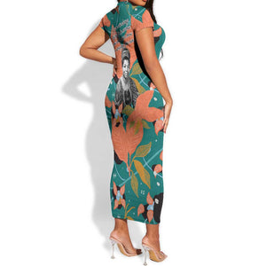 Maya Angelou Short Sleeve Bodycon Dress Inspirational Quote Design Vibrant Teal and Orange Leaf Motif - African Pride