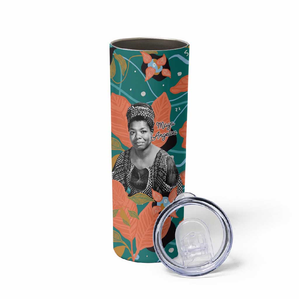 Maya Angelou Skinny Tumbler Inspirational Quote Design Vibrant Teal and Orange Leaf Motif - African Pride