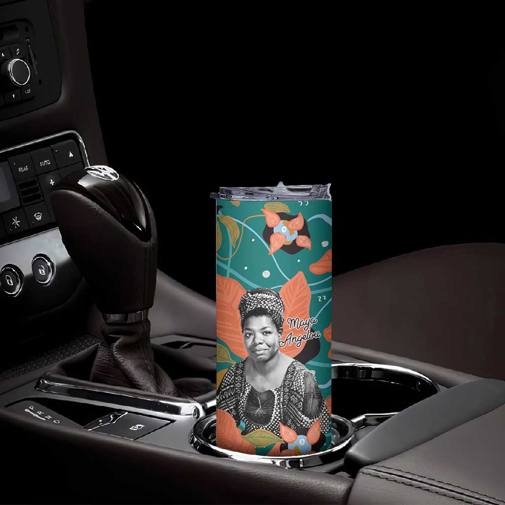 Maya Angelou Skinny Tumbler Inspirational Quote Design Vibrant Teal and Orange Leaf Motif - African Pride