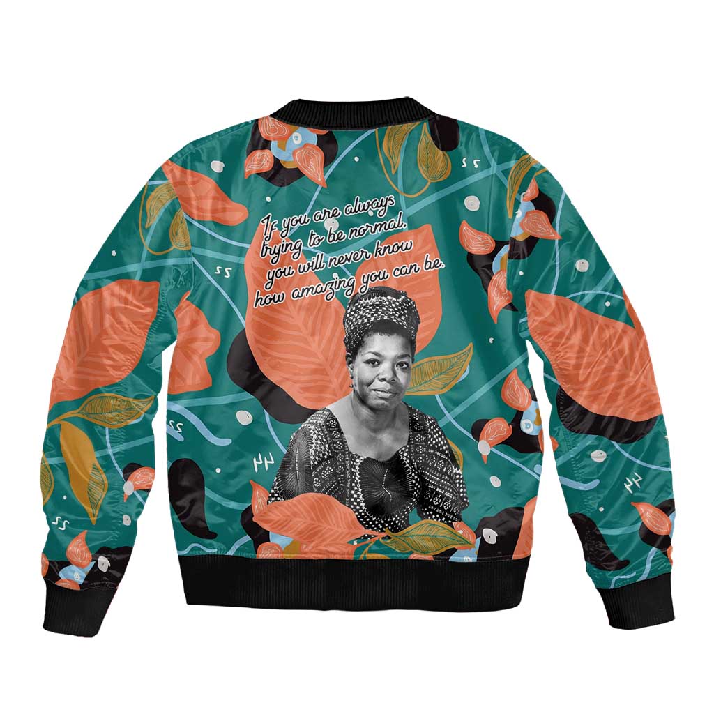 Maya Angelou Sleeve Zip Bomber Jacket Inspirational Quote Design Vibrant Teal and Orange Leaf Motif - African Pride