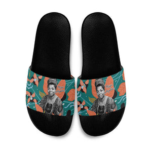Maya Angelou Slide Sandals Inspirational Quote Design Vibrant Teal and Orange Leaf Motif - African Pride