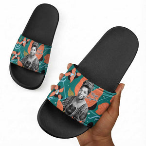 Maya Angelou Slide Sandals Inspirational Quote Design Vibrant Teal and Orange Leaf Motif - African Pride