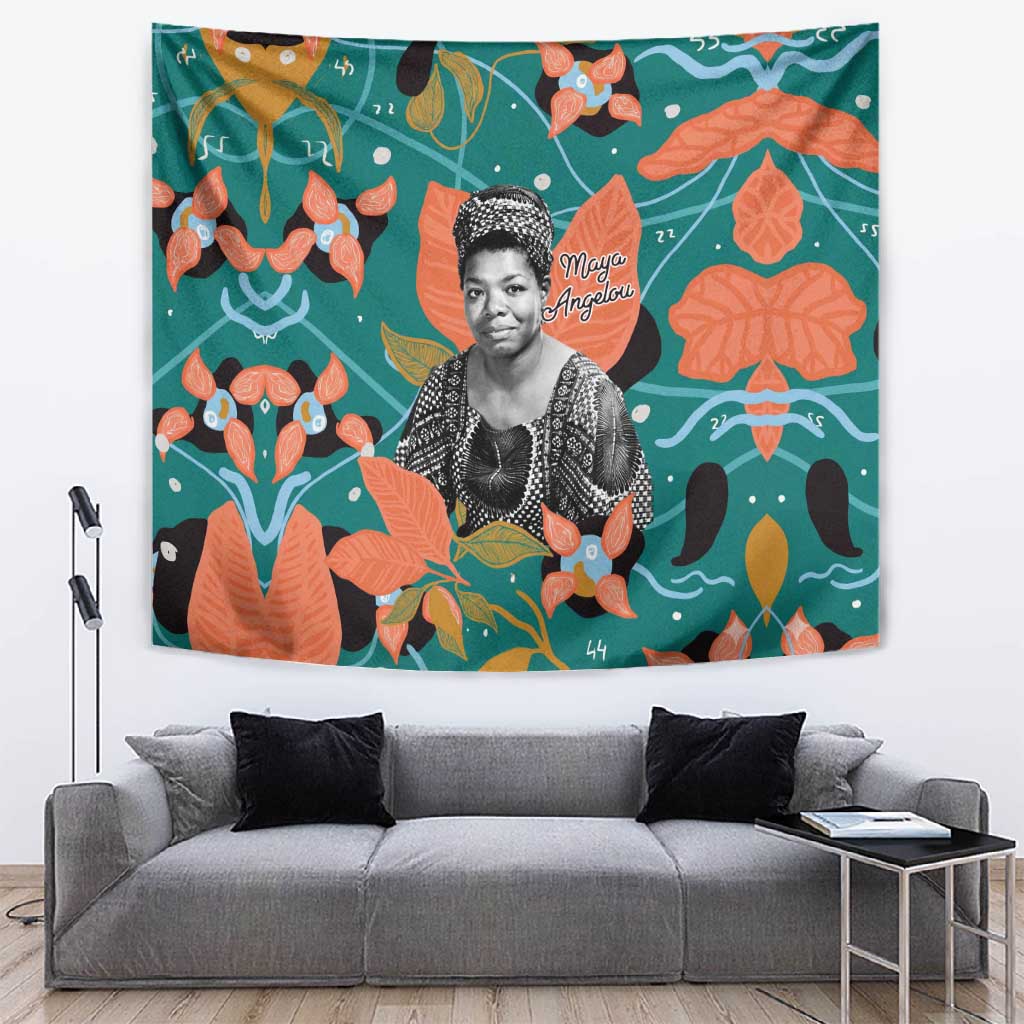 Maya Angelou Tapestry Inspirational Quote Design Vibrant Teal and Orange Leaf Motif - African Pride