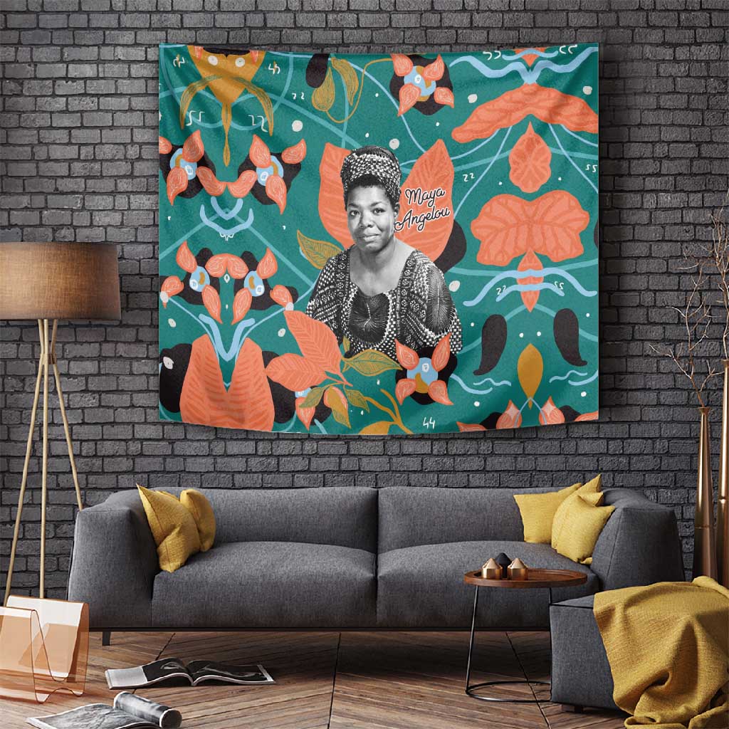 Maya Angelou Tapestry Inspirational Quote Design Vibrant Teal and Orange Leaf Motif - African Pride