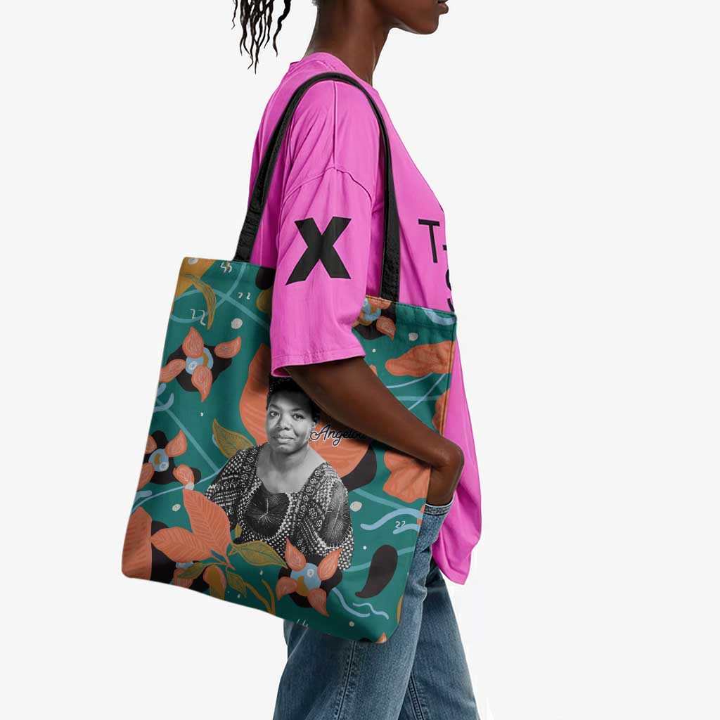 Maya Angelou Tote Bag Inspirational Quote Design Vibrant Teal and Orange Leaf Motif - African Pride