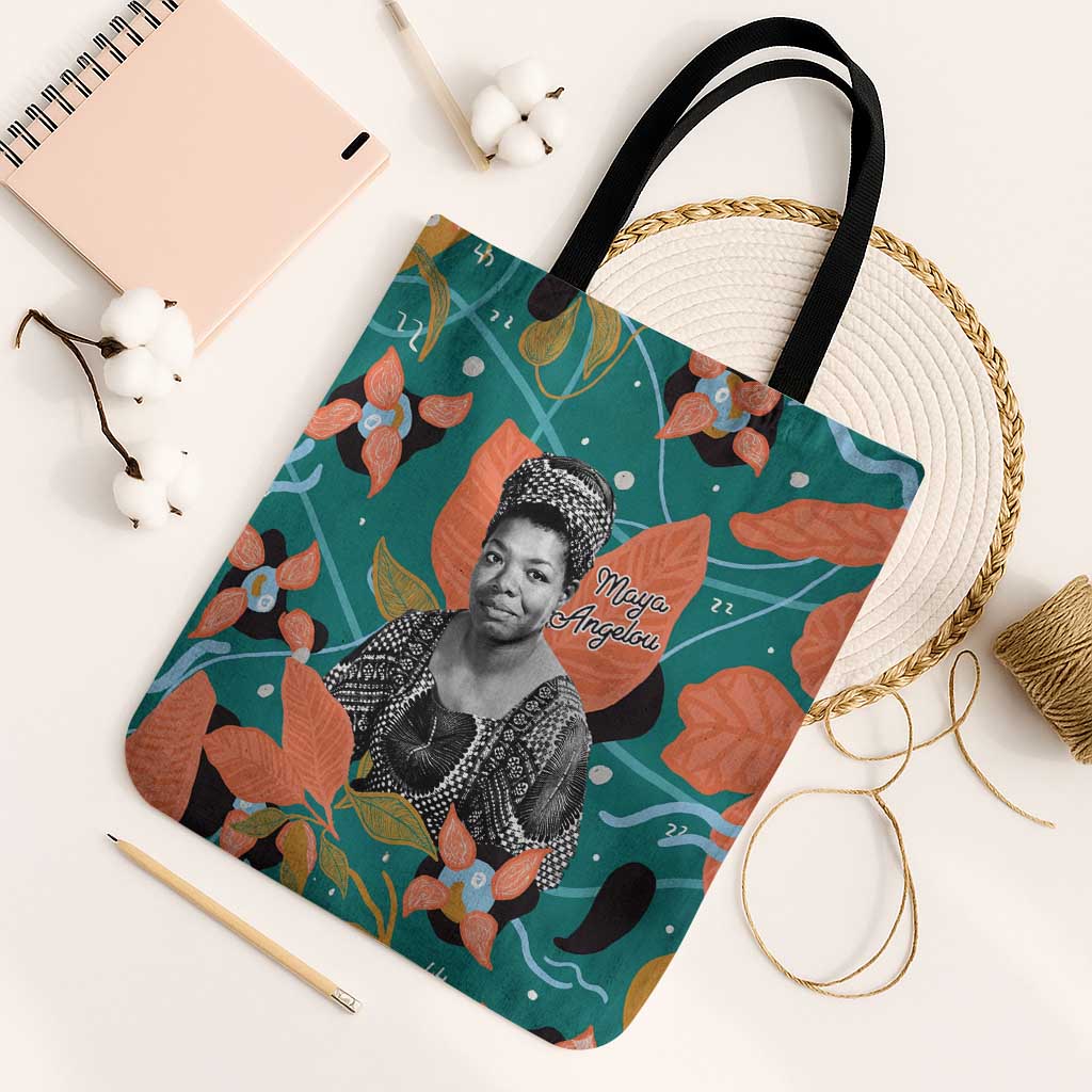 Maya Angelou Tote Bag Inspirational Quote Design Vibrant Teal and Orange Leaf Motif - African Pride