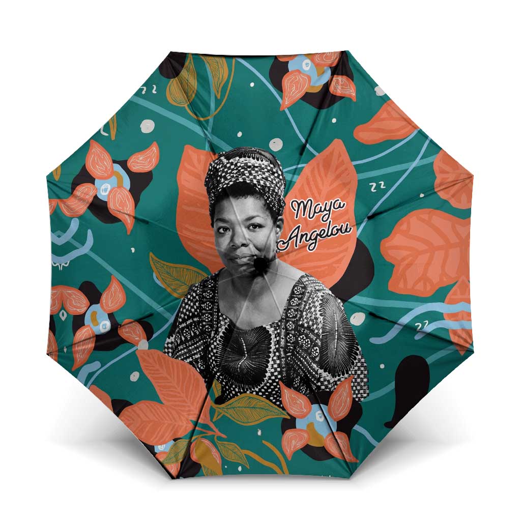 Maya Angelou Umbrella Inspirational Quote Design Vibrant Teal and Orange Leaf Motif - African Pride