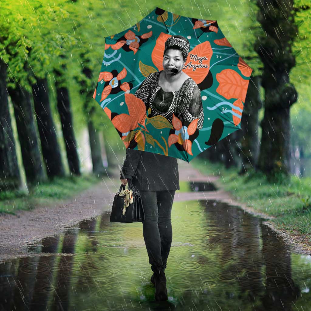 Maya Angelou Umbrella Inspirational Quote Design Vibrant Teal and Orange Leaf Motif - African Pride