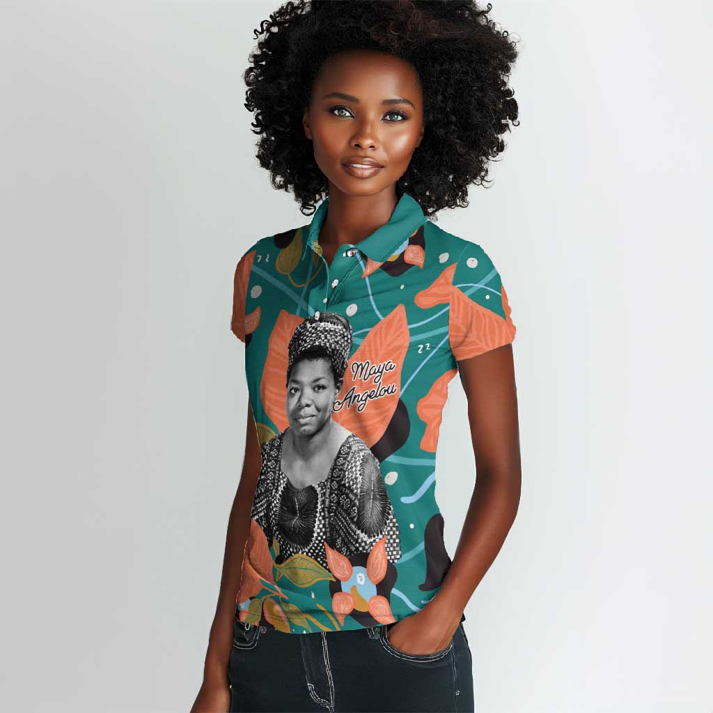 Maya Angelou Women Polo Shirt Inspirational Quote Design Vibrant Teal and Orange Leaf Motif - African Pride