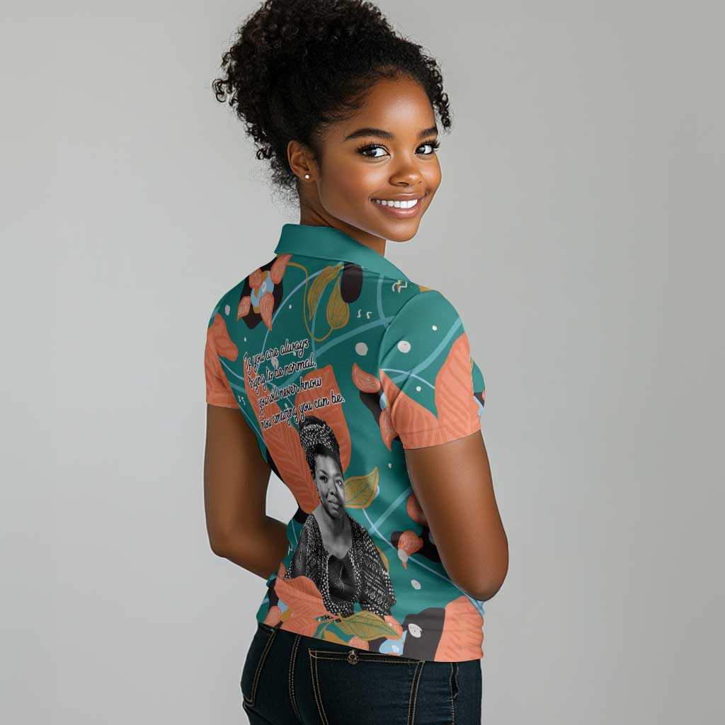 Maya Angelou Women Polo Shirt Inspirational Quote Design Vibrant Teal and Orange Leaf Motif - African Pride