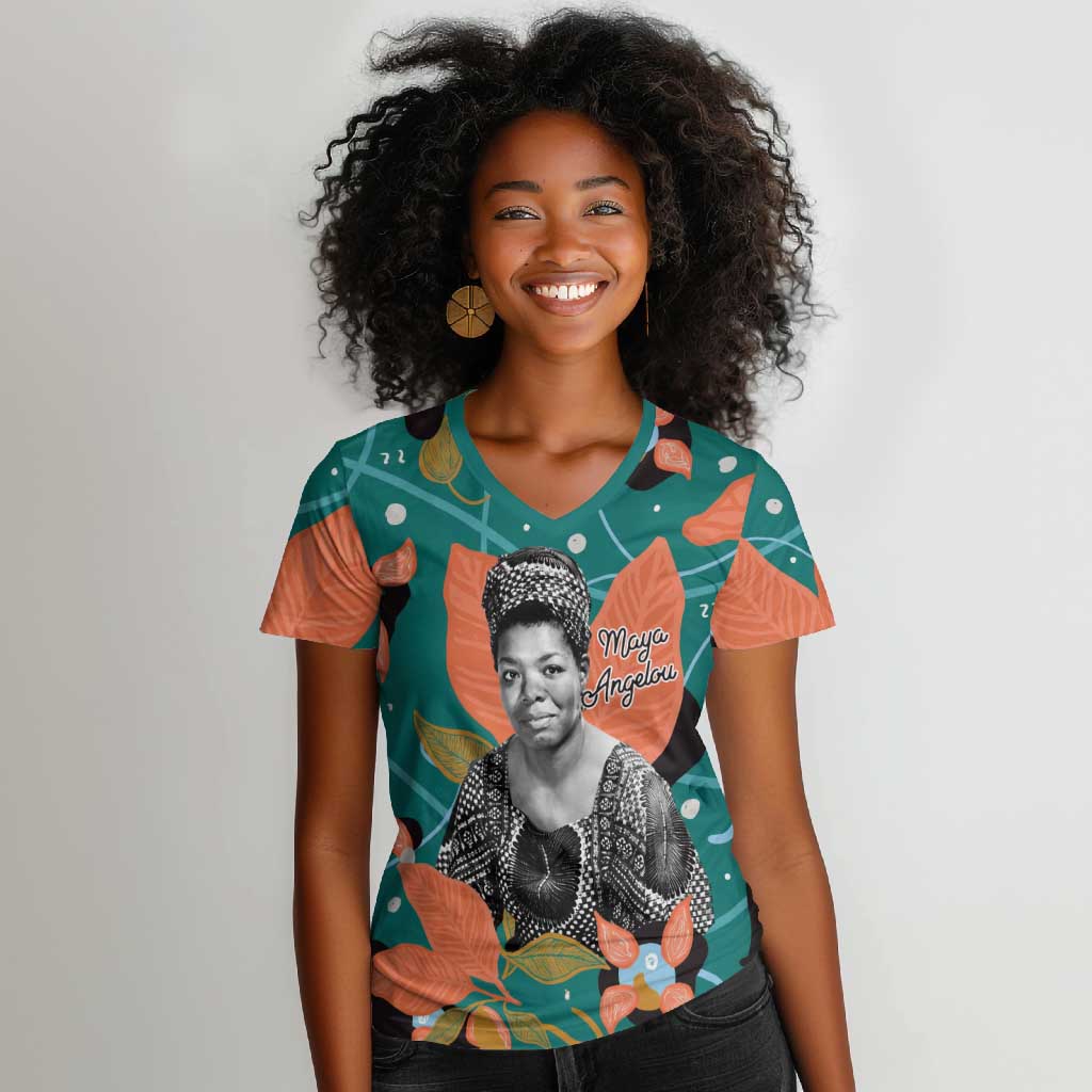 Maya Angelou Women V-Neck T-Shirt Inspirational Quote Design Vibrant Teal and Orange Leaf Motif - African Pride